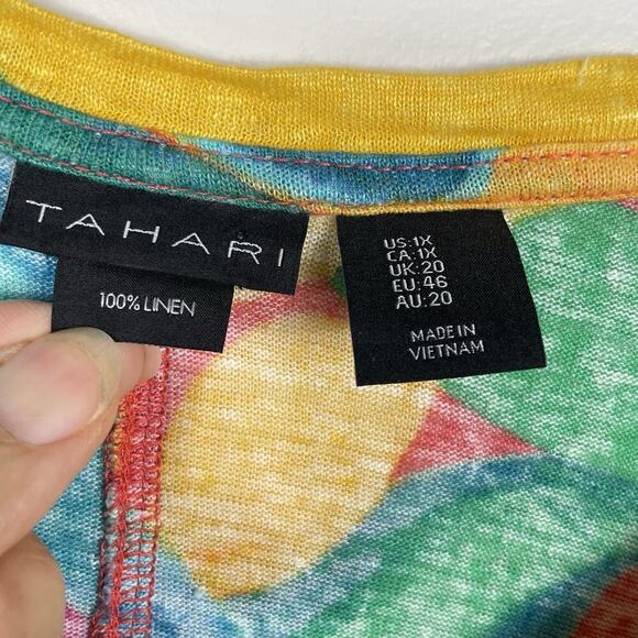 Tahari Linen Top Size 1X Vibrant Multicolored Tropical Beachy Hawaiian Vacation - Picture 3 of 6